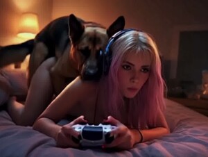 Gamer Girl fucks dog while playing online - AI