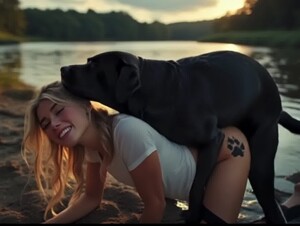AI - Blonde and her lab on the riverbank